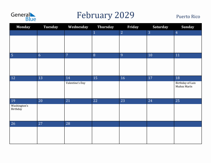 February 2029 Puerto Rico Calendar (Monday Start)