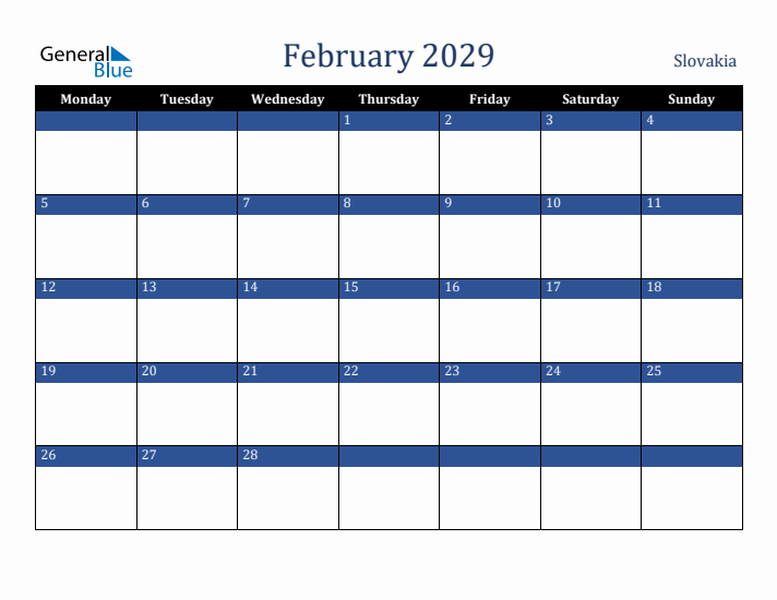 February 2029 Slovakia Calendar (Monday Start)