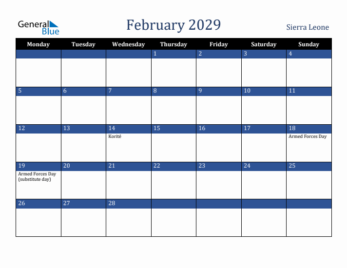 February 2029 Sierra Leone Calendar (Monday Start)