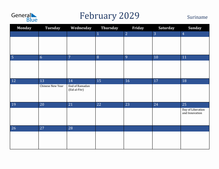 February 2029 Suriname Calendar (Monday Start)