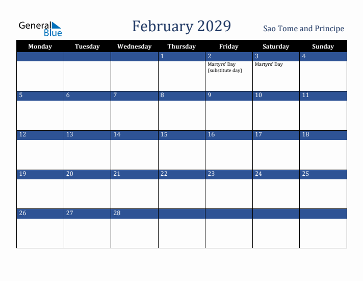February 2029 Sao Tome and Principe Calendar (Monday Start)