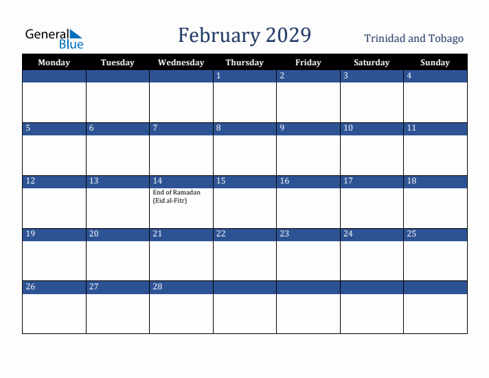 February 2029 Trinidad and Tobago Calendar (Monday Start)