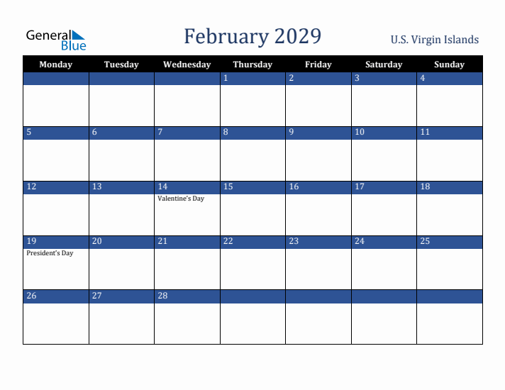 February 2029 U.S. Virgin Islands Calendar (Monday Start)