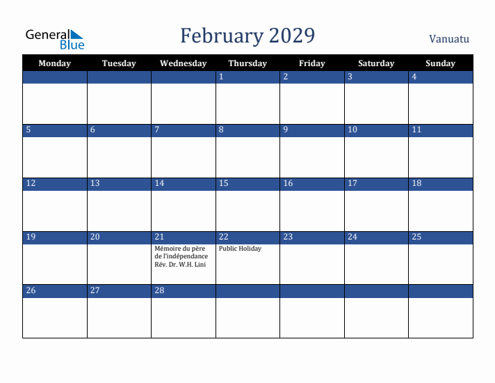 February 2029 Vanuatu Calendar (Monday Start)