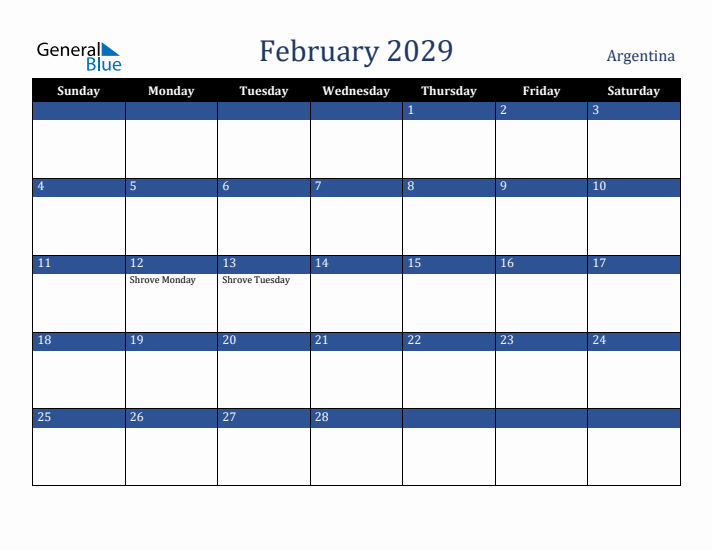 February 2029 Argentina Calendar (Sunday Start)