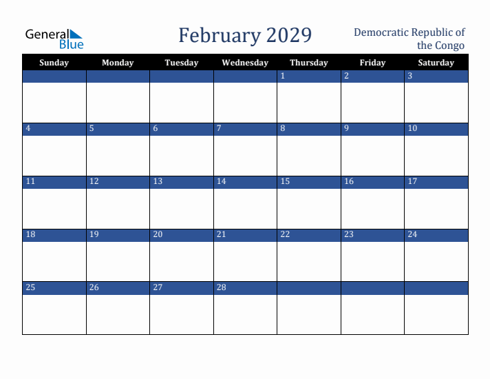 February 2029 Democratic Republic of the Congo Calendar (Sunday Start)