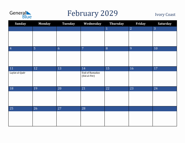 February 2029 Ivory Coast Calendar (Sunday Start)
