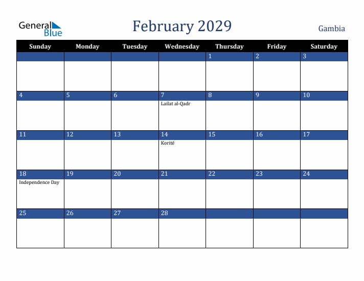 February 2029 Gambia Calendar (Sunday Start)