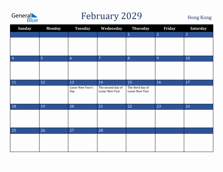 February 2029 Hong Kong Calendar (Sunday Start)