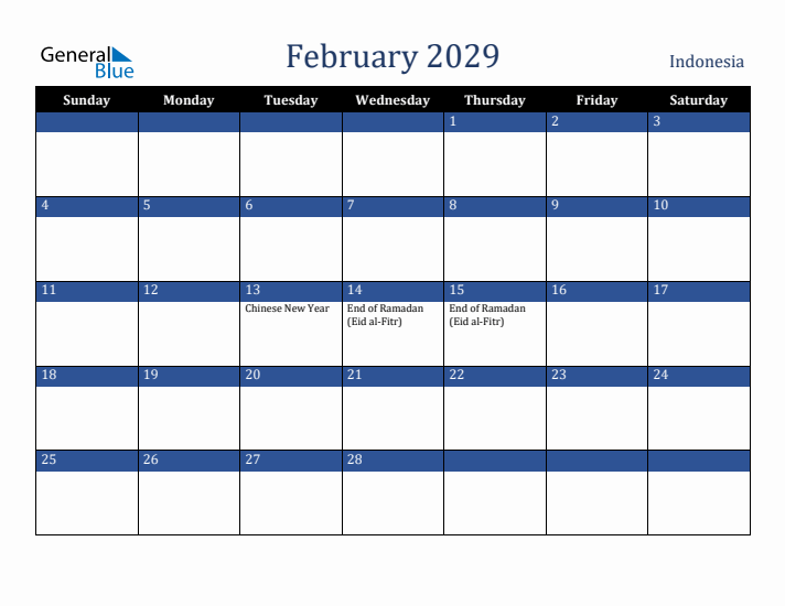 February 2029 Indonesia Calendar (Sunday Start)
