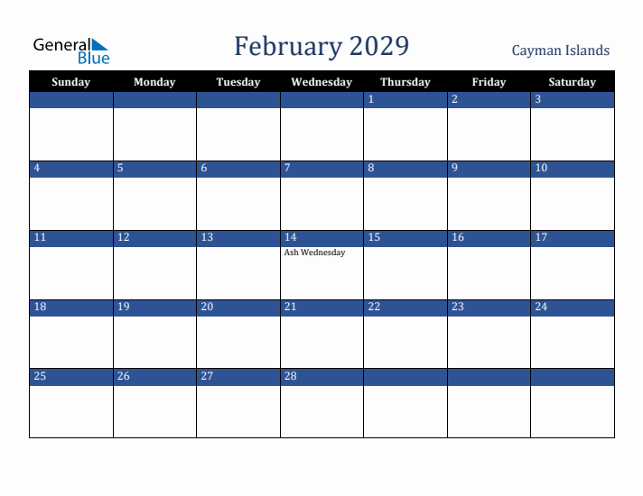 February 2029 Cayman Islands Calendar (Sunday Start)