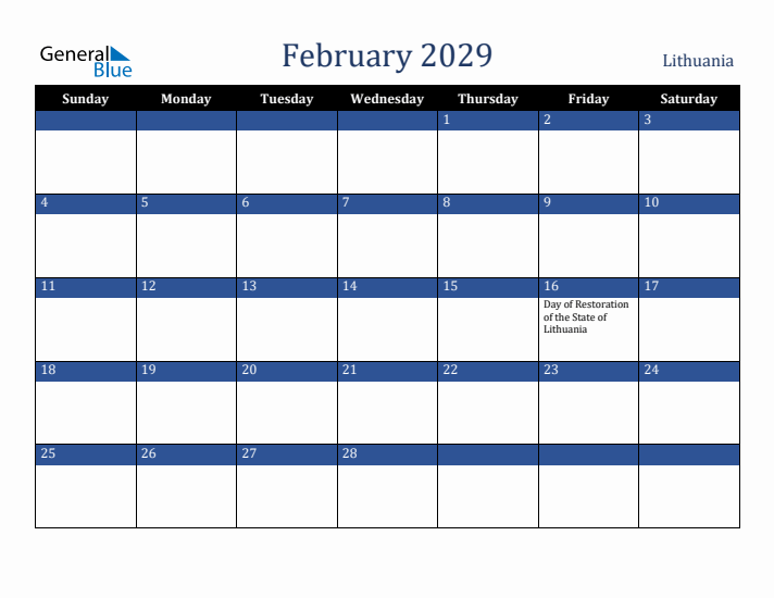 February 2029 Lithuania Calendar (Sunday Start)