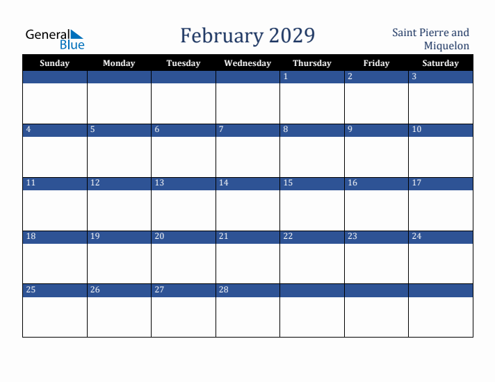 February 2029 Saint Pierre and Miquelon Calendar (Sunday Start)