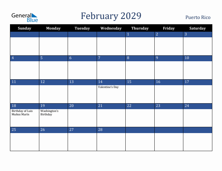 February 2029 Puerto Rico Calendar (Sunday Start)