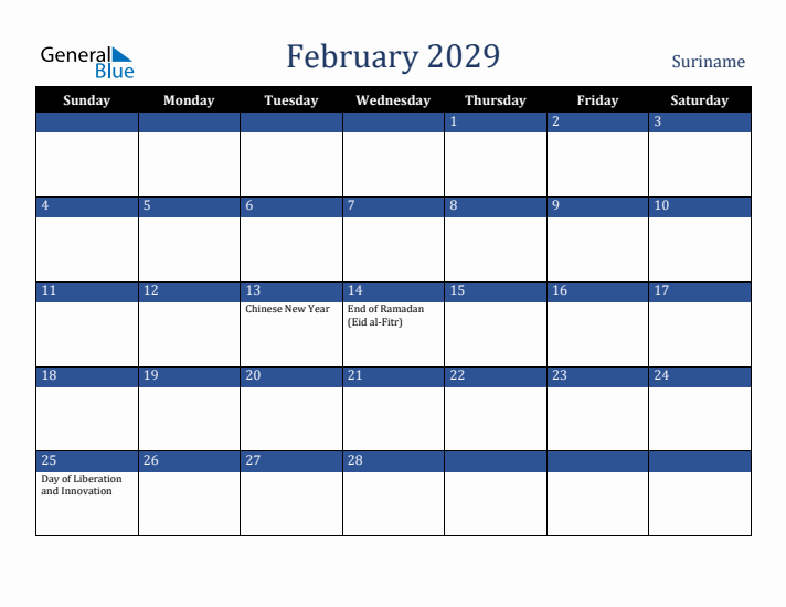 February 2029 Suriname Calendar (Sunday Start)
