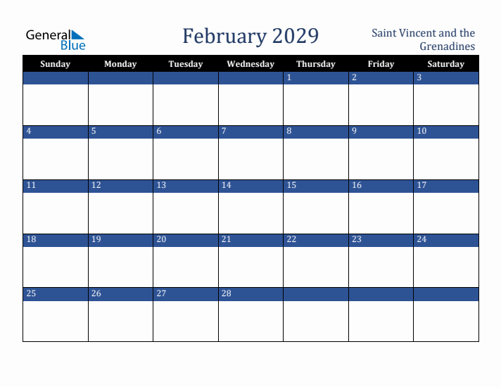 February 2029 Saint Vincent and the Grenadines Calendar (Sunday Start)
