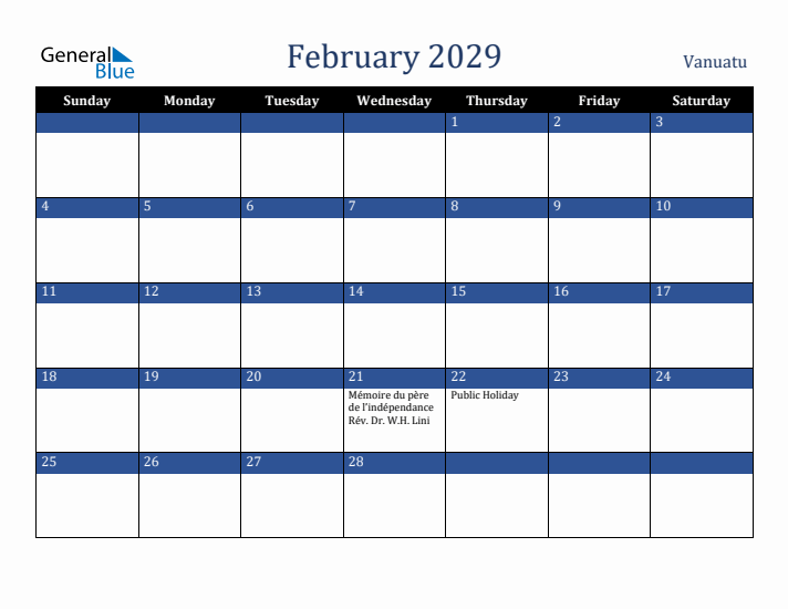 February 2029 Vanuatu Calendar (Sunday Start)