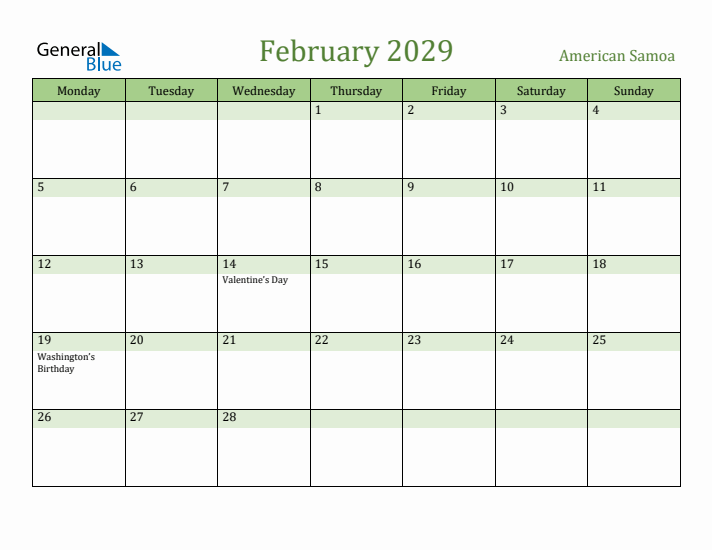February 2029 Calendar with American Samoa Holidays