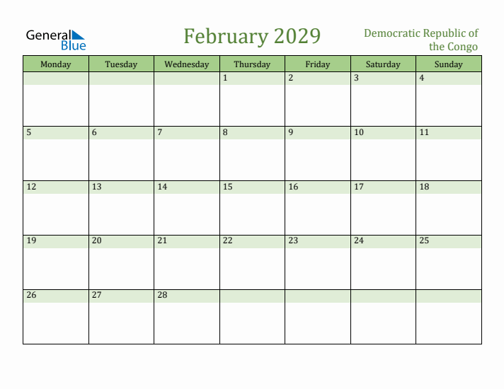 February 2029 Calendar with Democratic Republic of the Congo Holidays