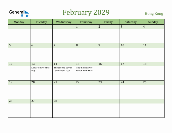 February 2029 Calendar with Hong Kong Holidays