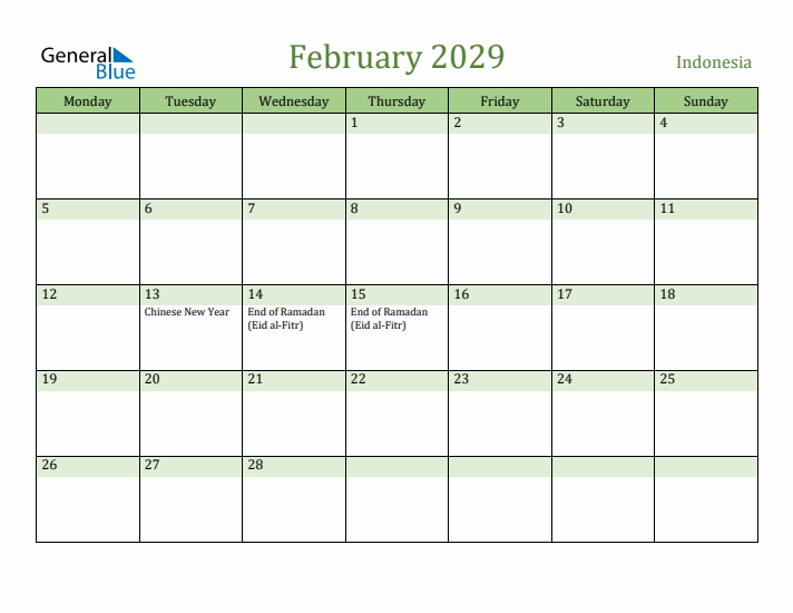 February 2029 Calendar with Indonesia Holidays