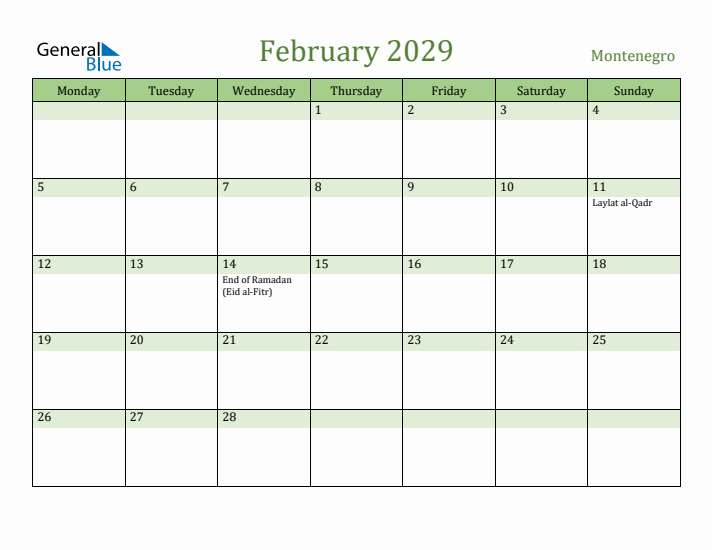 February 2029 Calendar with Montenegro Holidays