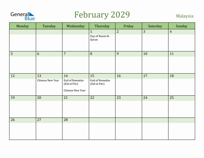 February 2029 Calendar with Malaysia Holidays