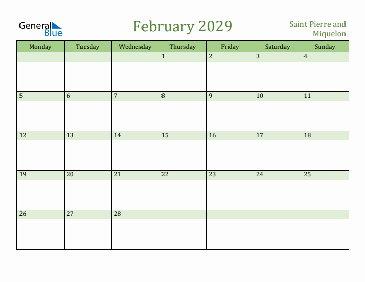 February 2029 Calendar with Saint Pierre and Miquelon Holidays