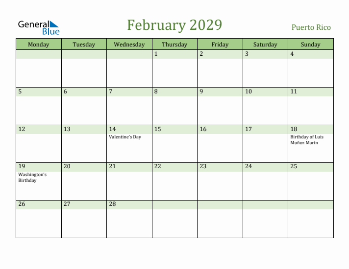 February 2029 Calendar with Puerto Rico Holidays
