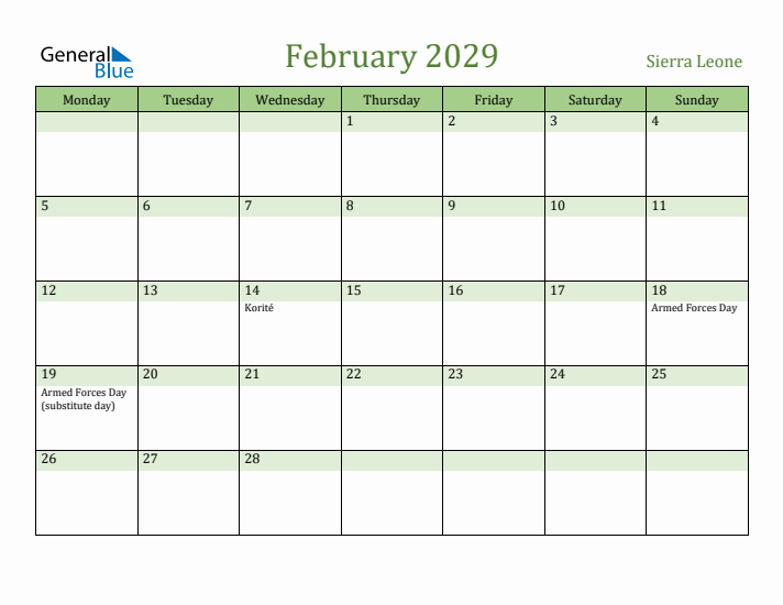 February 2029 Calendar with Sierra Leone Holidays