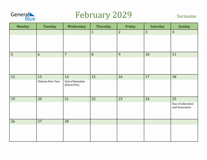 February 2029 Calendar with Suriname Holidays