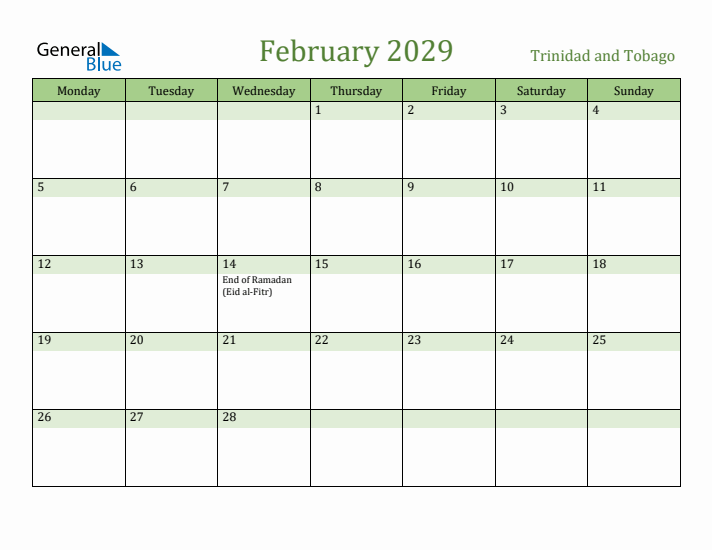 February 2029 Calendar with Trinidad and Tobago Holidays