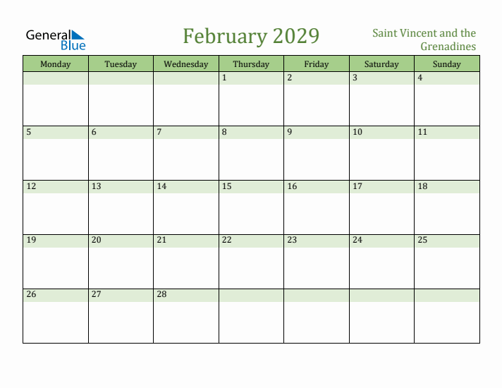 February 2029 Calendar with Saint Vincent and the Grenadines Holidays