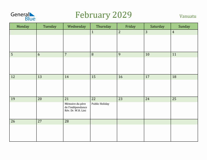 February 2029 Calendar with Vanuatu Holidays