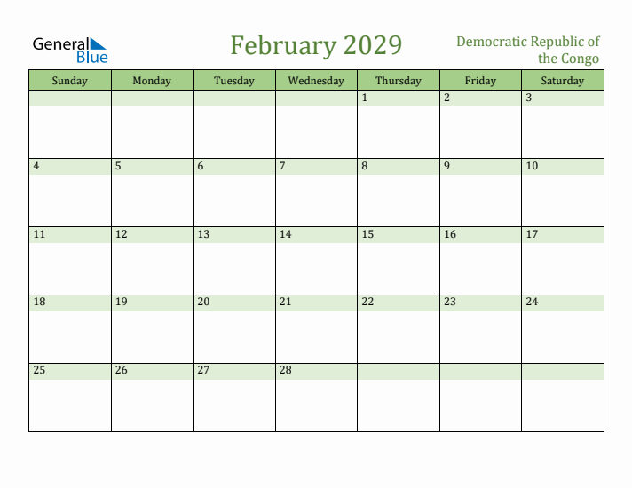 February 2029 Calendar with Democratic Republic of the Congo Holidays