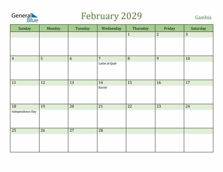 February 2029 Calendar with Gambia Holidays