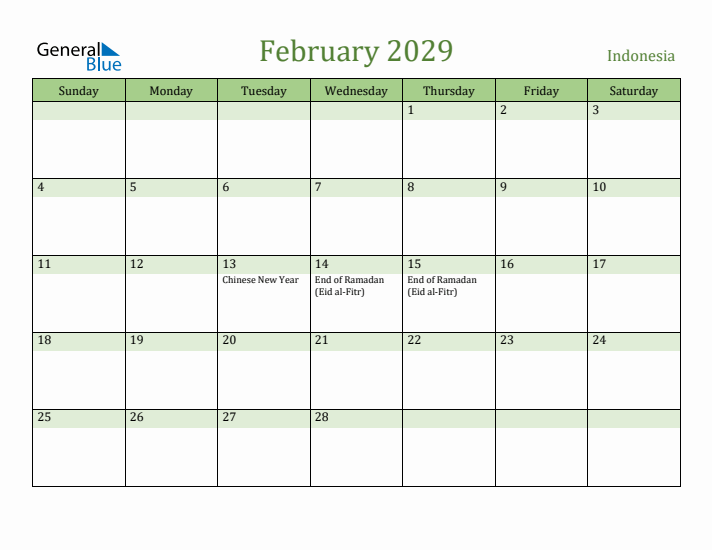 February 2029 Calendar with Indonesia Holidays