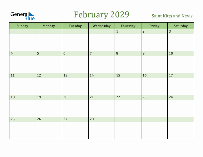 February 2029 Calendar with Saint Kitts and Nevis Holidays