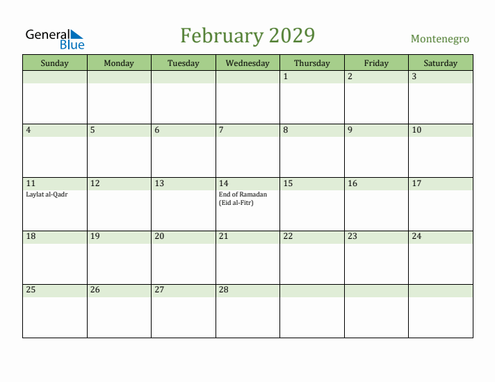 February 2029 Calendar with Montenegro Holidays