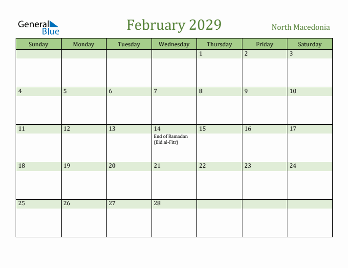 February 2029 Calendar with North Macedonia Holidays