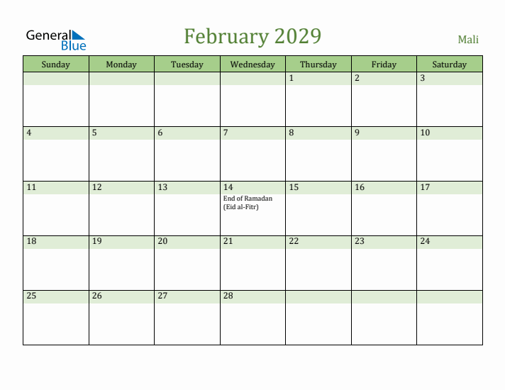 February 2029 Calendar with Mali Holidays