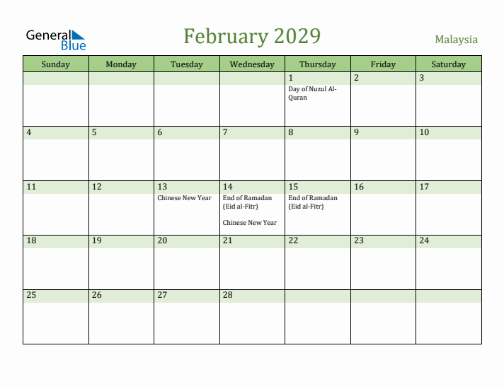 February 2029 Calendar with Malaysia Holidays
