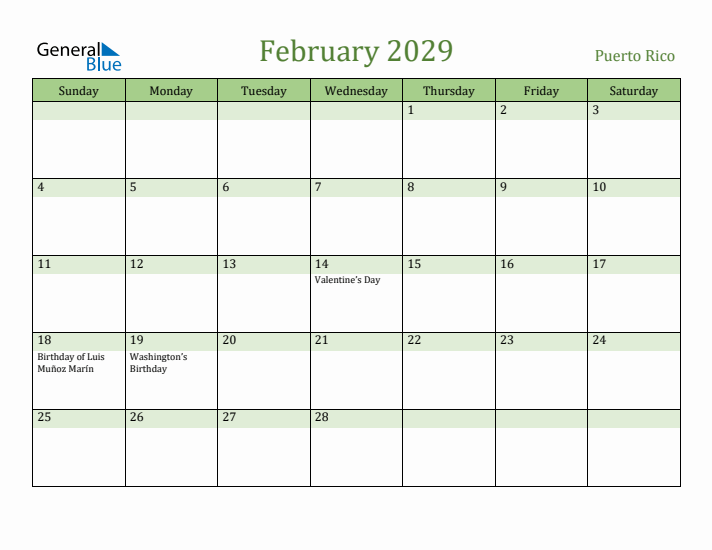 February 2029 Calendar with Puerto Rico Holidays