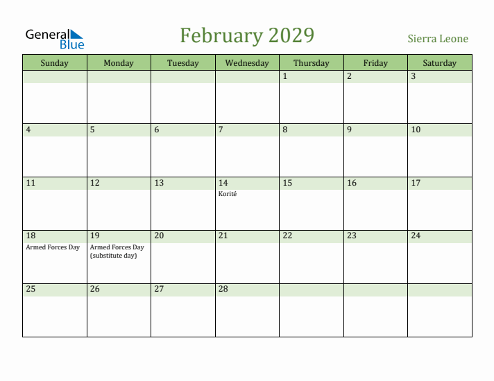 February 2029 Calendar with Sierra Leone Holidays