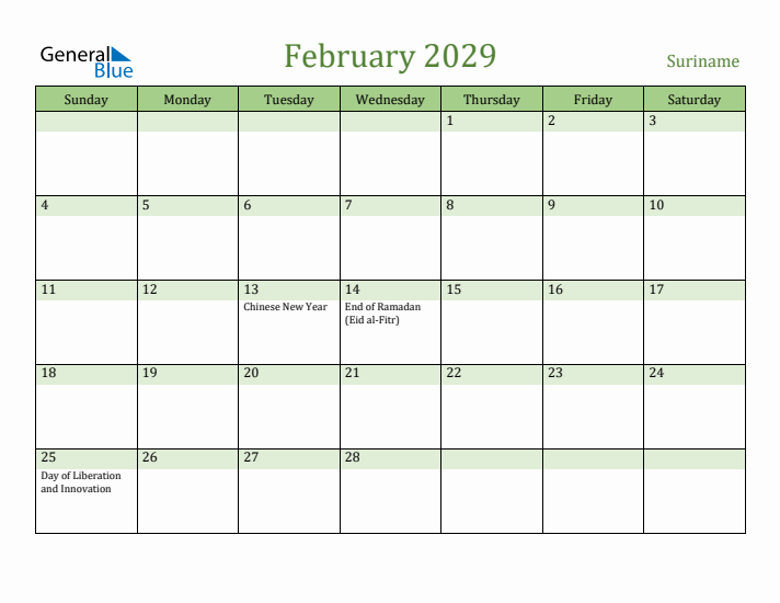 February 2029 Calendar with Suriname Holidays