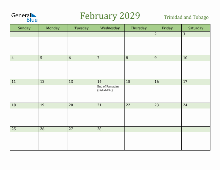 February 2029 Calendar with Trinidad and Tobago Holidays