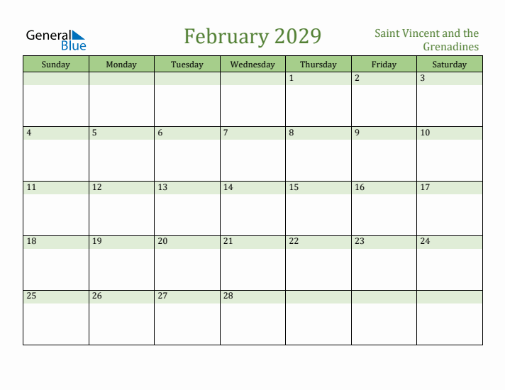 February 2029 Calendar with Saint Vincent and the Grenadines Holidays