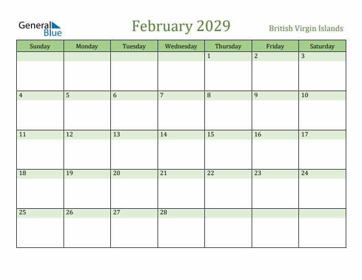 February 2029 Calendar with British Virgin Islands Holidays