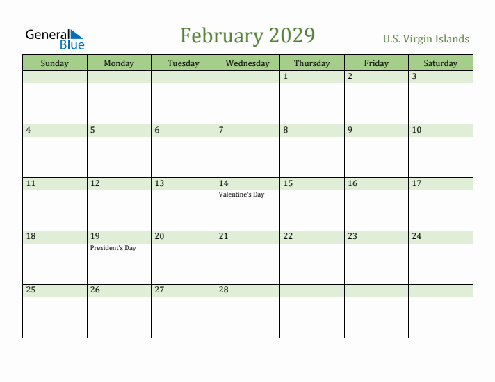 February 2029 Calendar with U.S. Virgin Islands Holidays