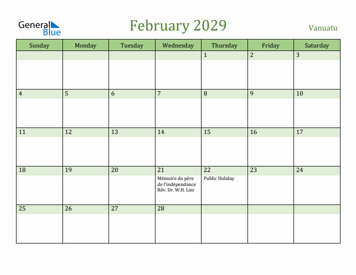 February 2029 Calendar with Vanuatu Holidays